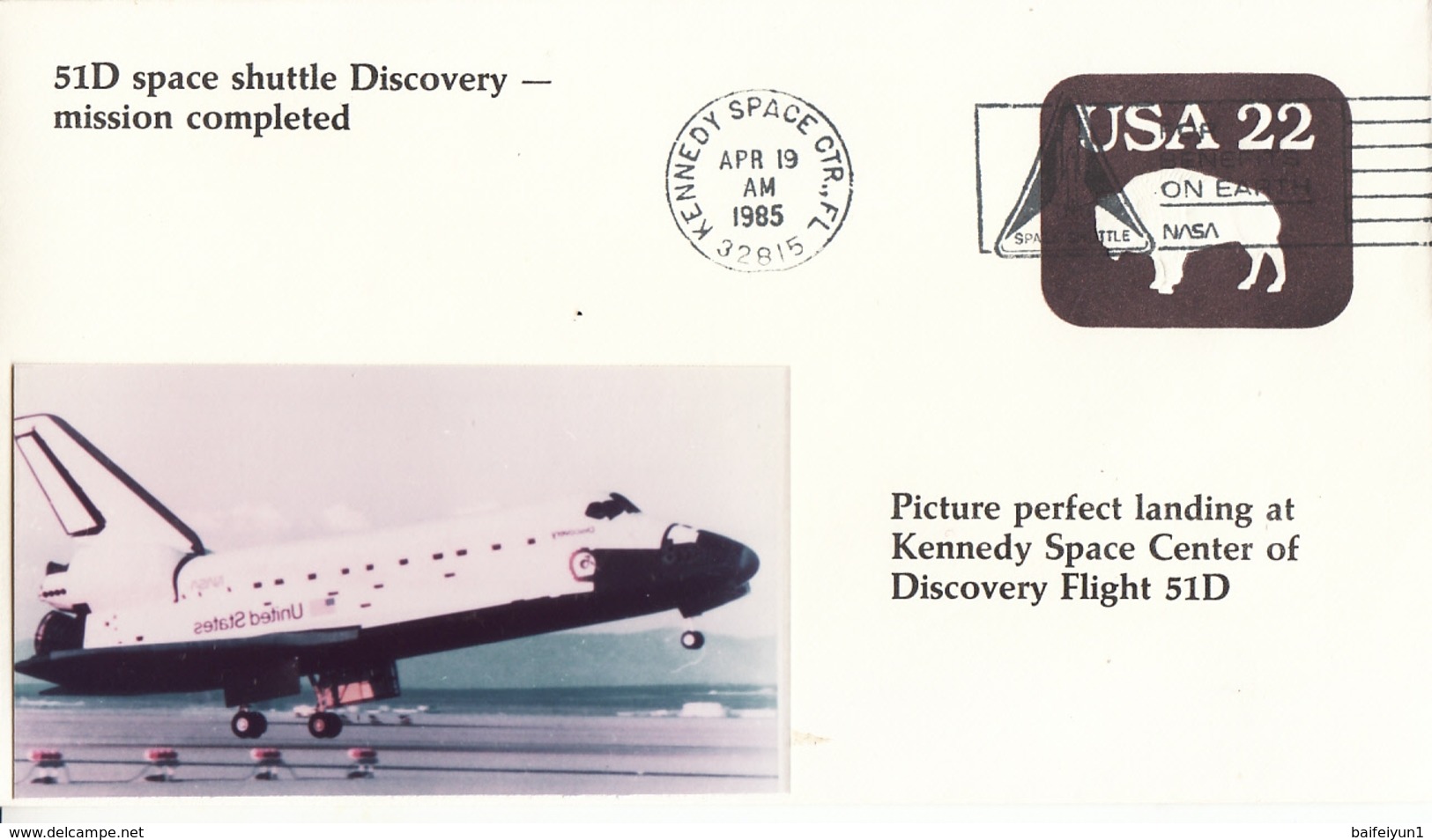 1985 USA Space Shuttle Discovery STS-51D  Mission Completed Commemorative Cover - America Del Nord