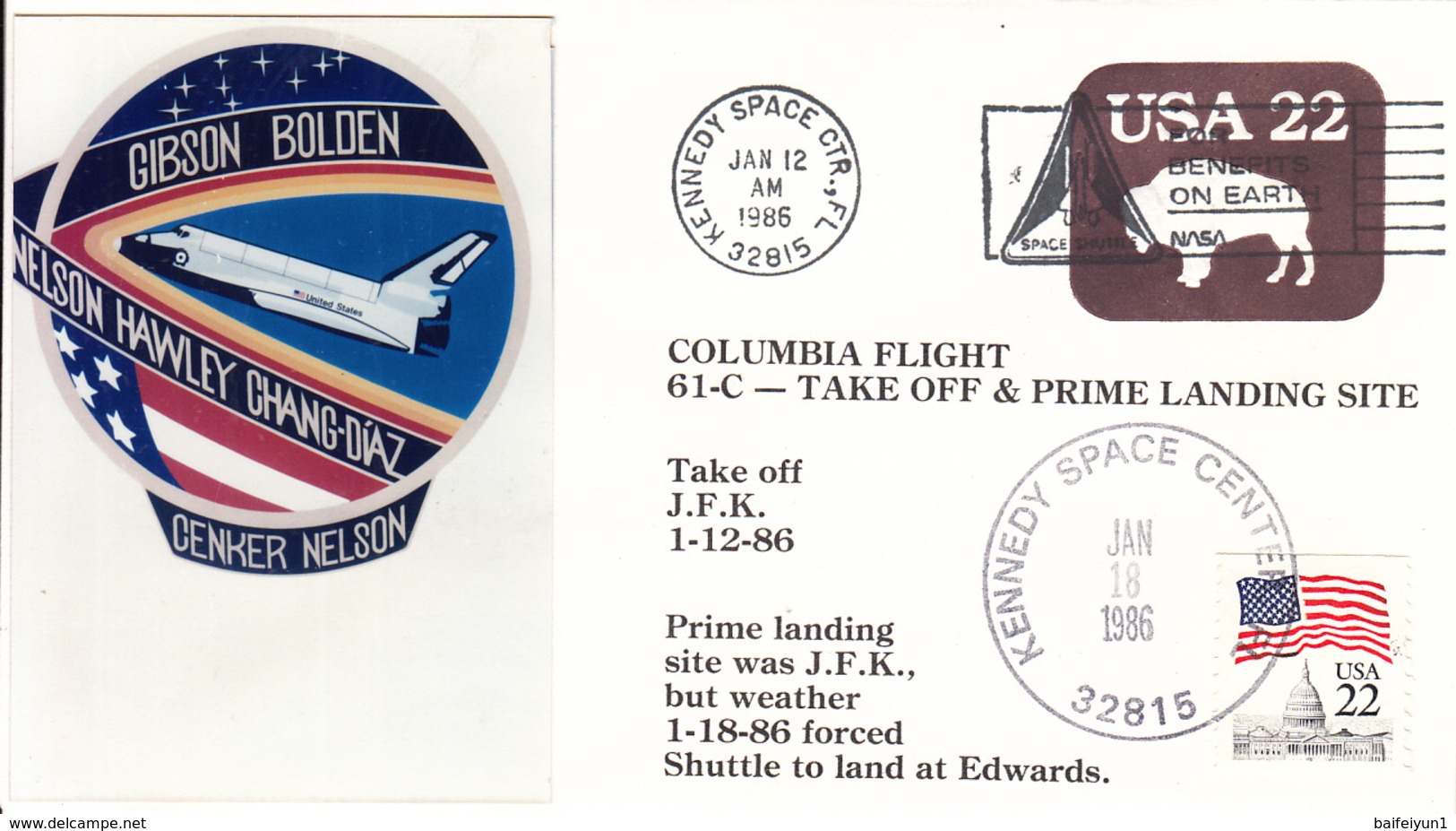 1986 USA Space Shuttle Columbia STS-61-C Take Off And Landing Commemorative Cover - América Del Norte