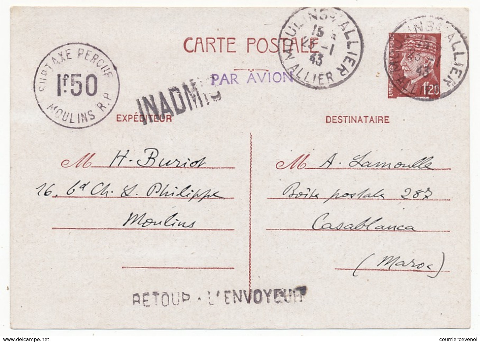 Entier CP 1,20 Pétain Surcharge "Surtaxe Perçue 1F50 Moulins R.P." - Griffes Inadmis Et Retour Envoyeur - 1943 - Cartes Postales Types Et TSC (avant 1995)