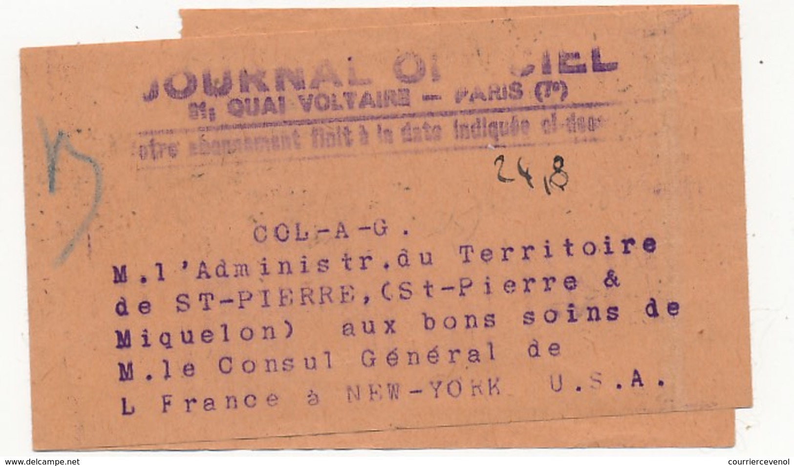 Bande JOURNAL OFFICIEL Affr 501 + 519 X2 - VICHY 9/10/1941 Pour ST PIERRE ET MIQUELON - Affr à 24F80 - 1941-42 Pétain