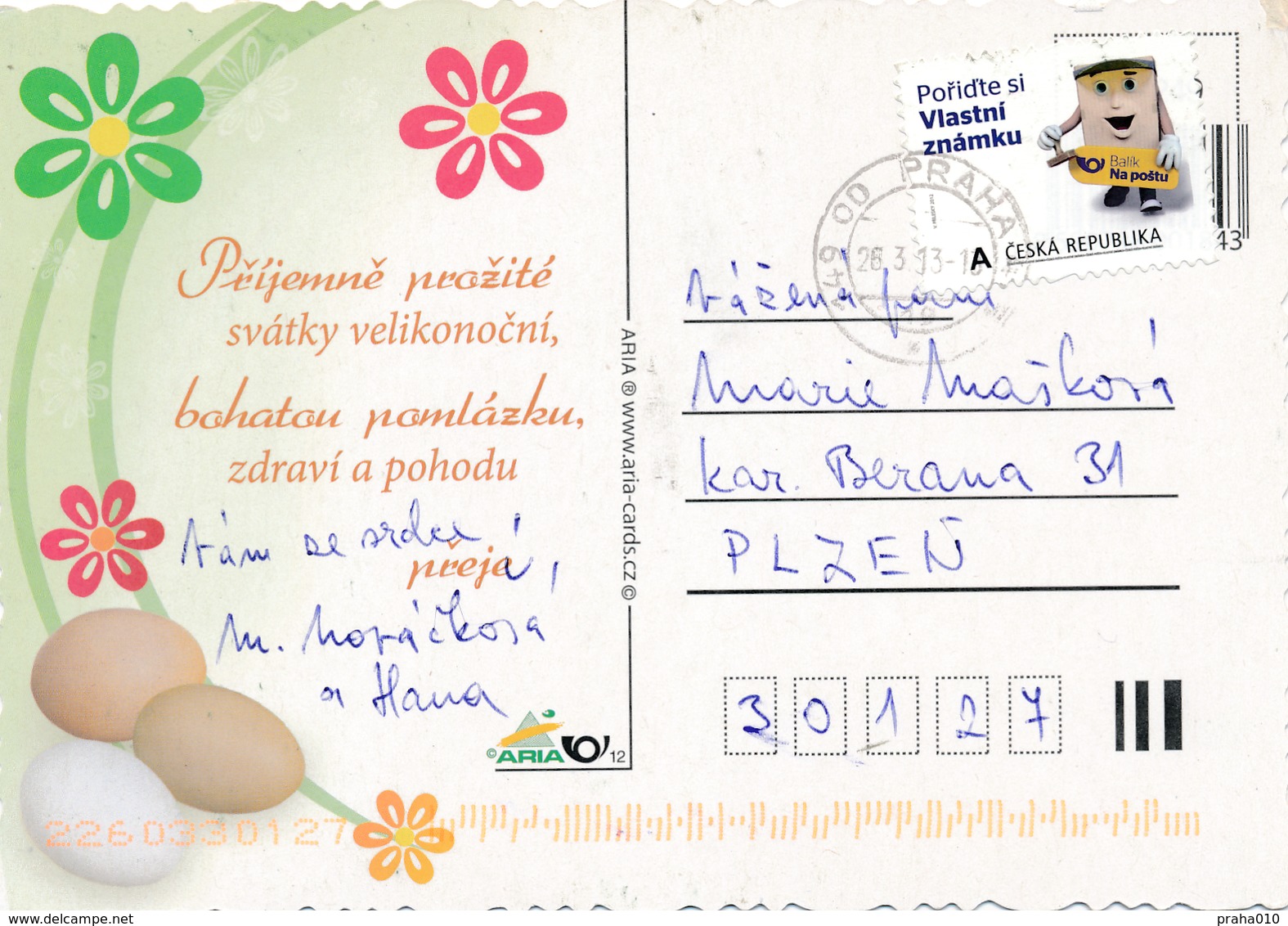 N0590 - Czech Rep. (2013) 149 00 Praha 415; (postcard: Easter); Tariff: "A" (10,00 CZK) Stamp: My Own Stamps - Covers & Documents
