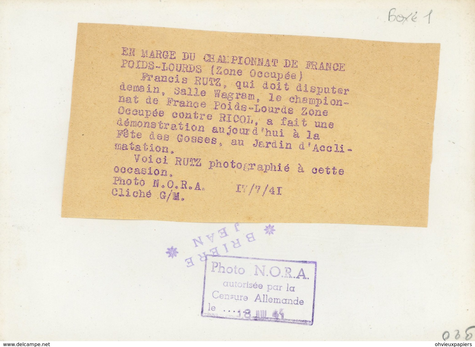 La France Sous Le Régime De Vichy . BOXE .   FRANCIS RUTZ   Dit " Main Bleue "  Franciste , Fusillé à La Libération - Sports