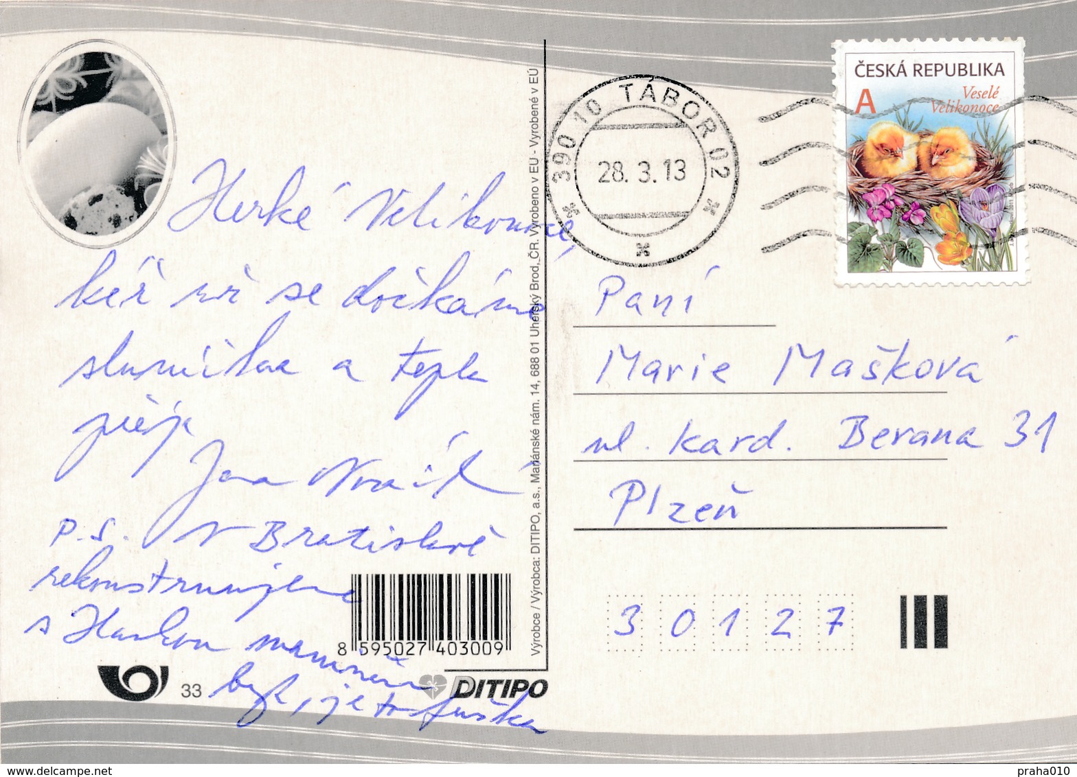 N0591 - Czech Rep. (2013) 390 10 Tabor 02 (machine Postmark); (postcard: Easter); Tariff: "A" (10,00 CZK) Stamp: Easter - Covers & Documents