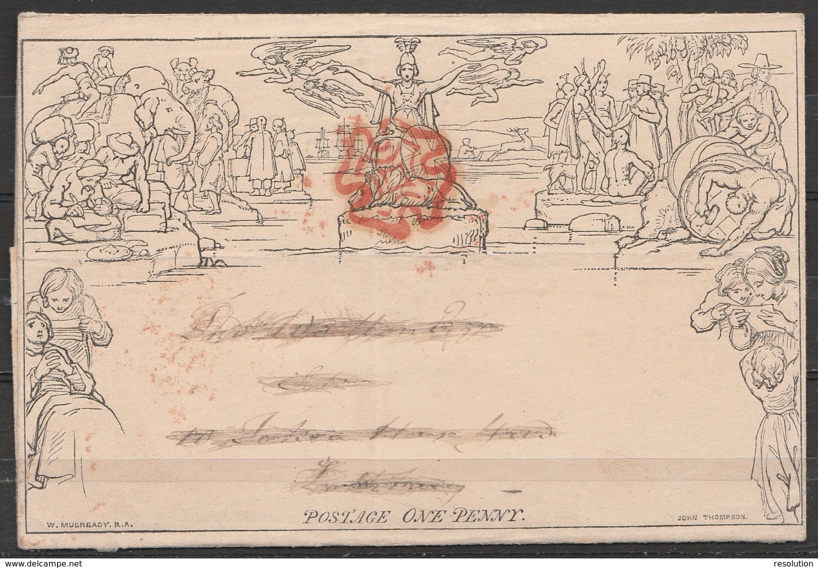 Entier Postal MULREADY One Penny Oblr Rouge Croix De Malte (au Dos: Cachet Rouge "E/ 29 JY 29/ 1840") - 1840 Mulready Omslagen En Postblad