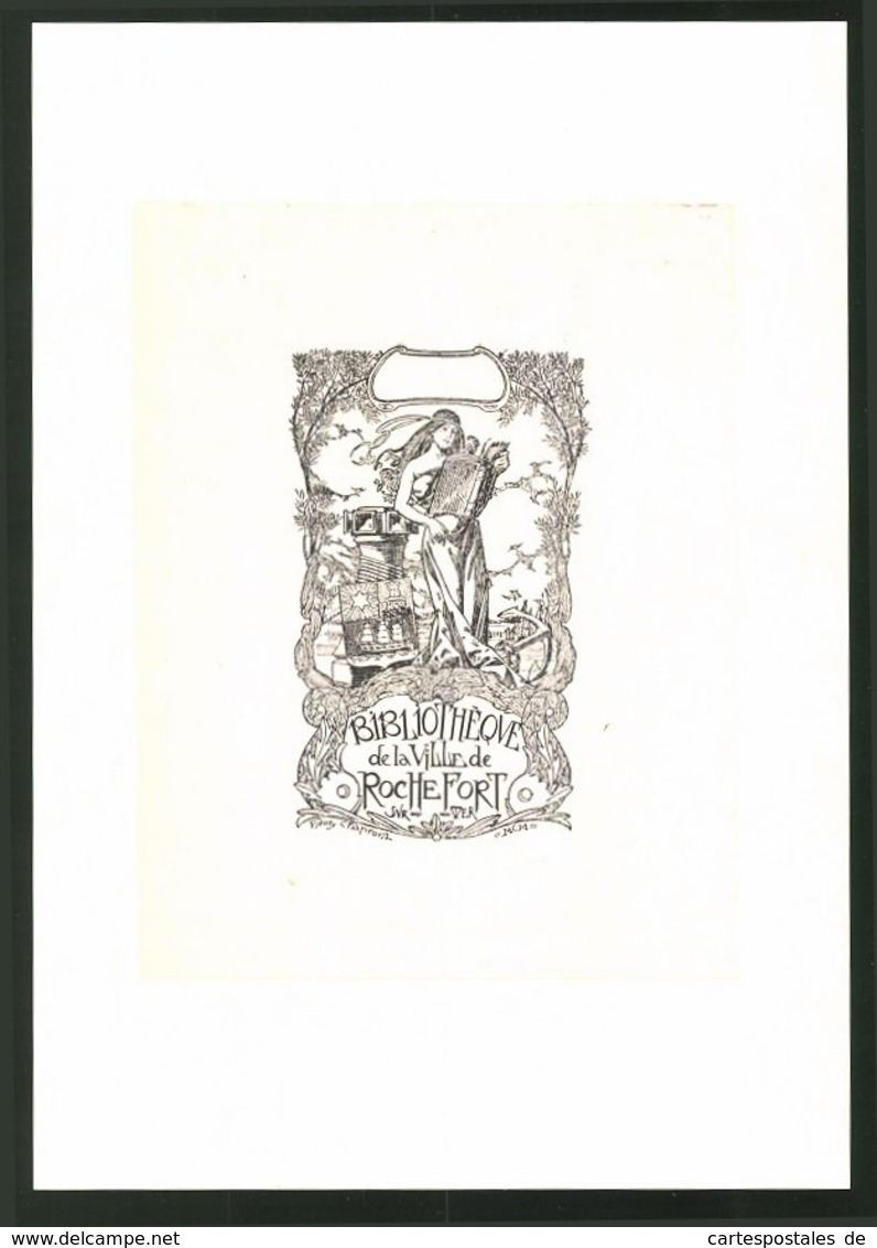 Exlibris Von Henry Chapront Für Biliotheque De La Ville De Rochefort, Dame Mit Buch, Wappen Und Anker - Exlibris