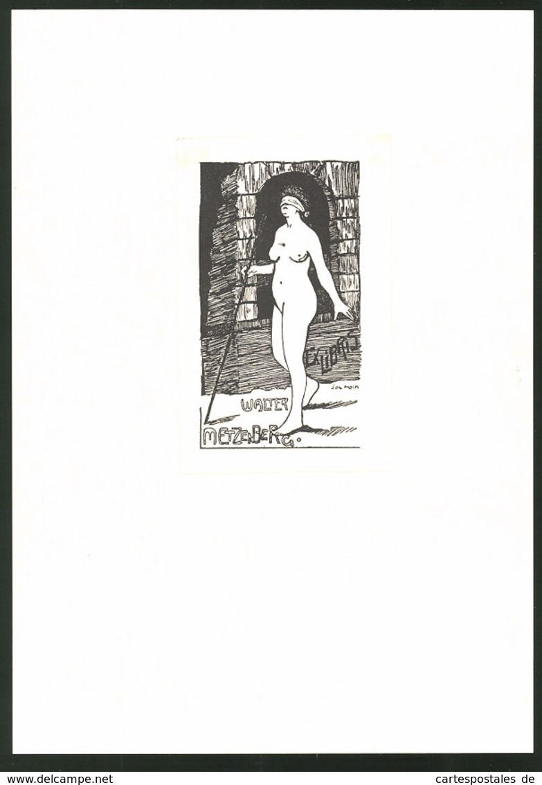 Exlibris Von Jos. Hein Für Walter Metzenberg, Nackte Blinde Dame Mit Stab - Exlibris