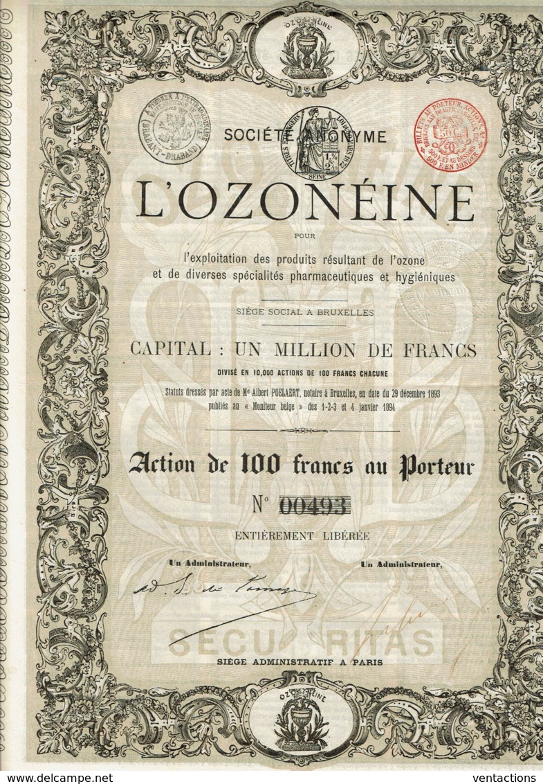 BELGIQUE-OZONEINE. Ozone, Hygiène, Pharmacie.  BRUXELLES. Action 1894 - Autres & Non Classés