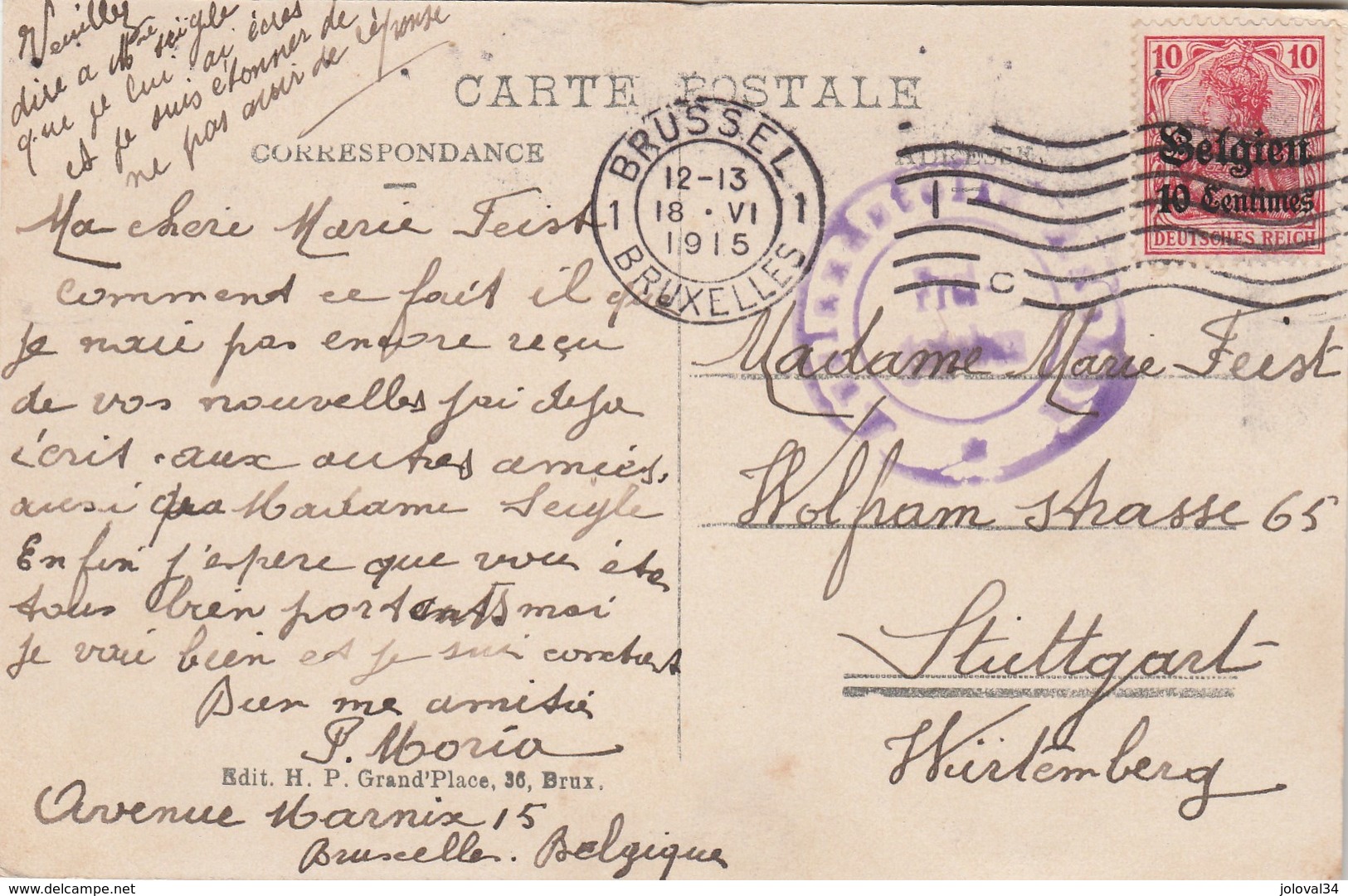 Cachet Militaire 18/6/1915 Sur Carte Postale Bruxelles  Pour Stuttgart - OC1/25 General Government