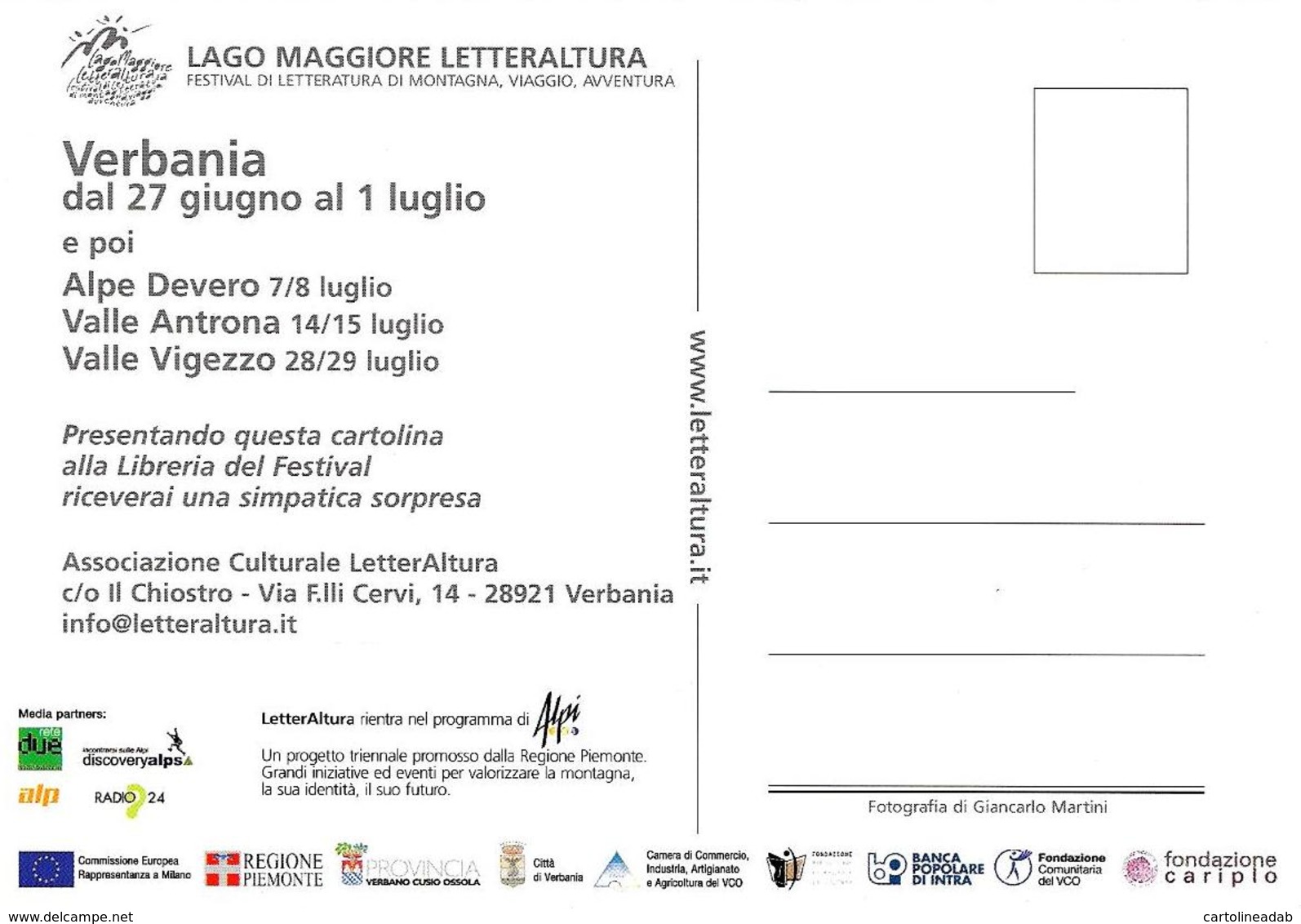 [MD2623] CPM - VERBANIA - LAGO MAGGIORE LETTERALTURA - FESTIVAL DI LETTERATURA - NV - Verbania