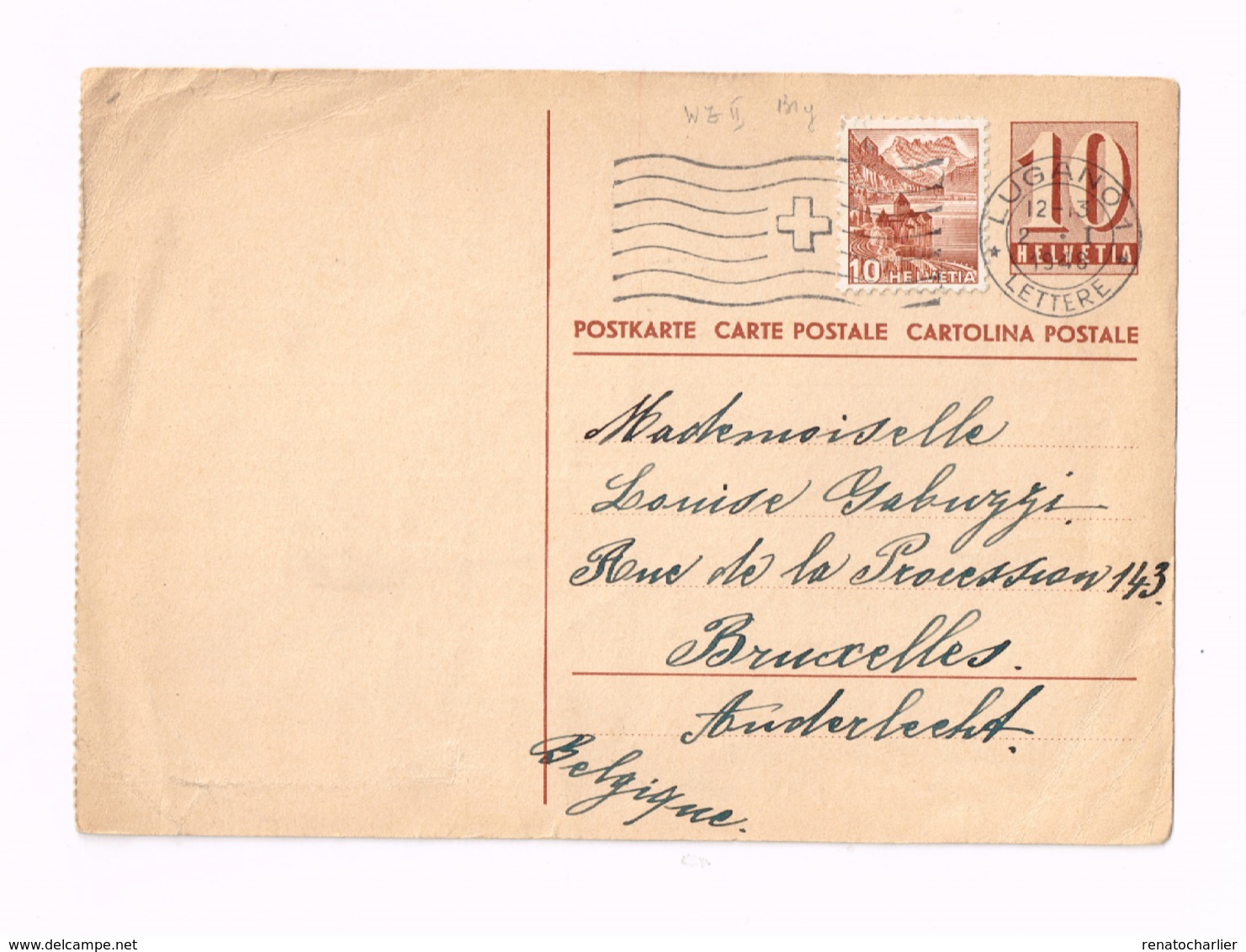 Entier Postal à 10 Centimes.Expédié De Lugano à Anderlecht (Belgique) - Entiers Postaux