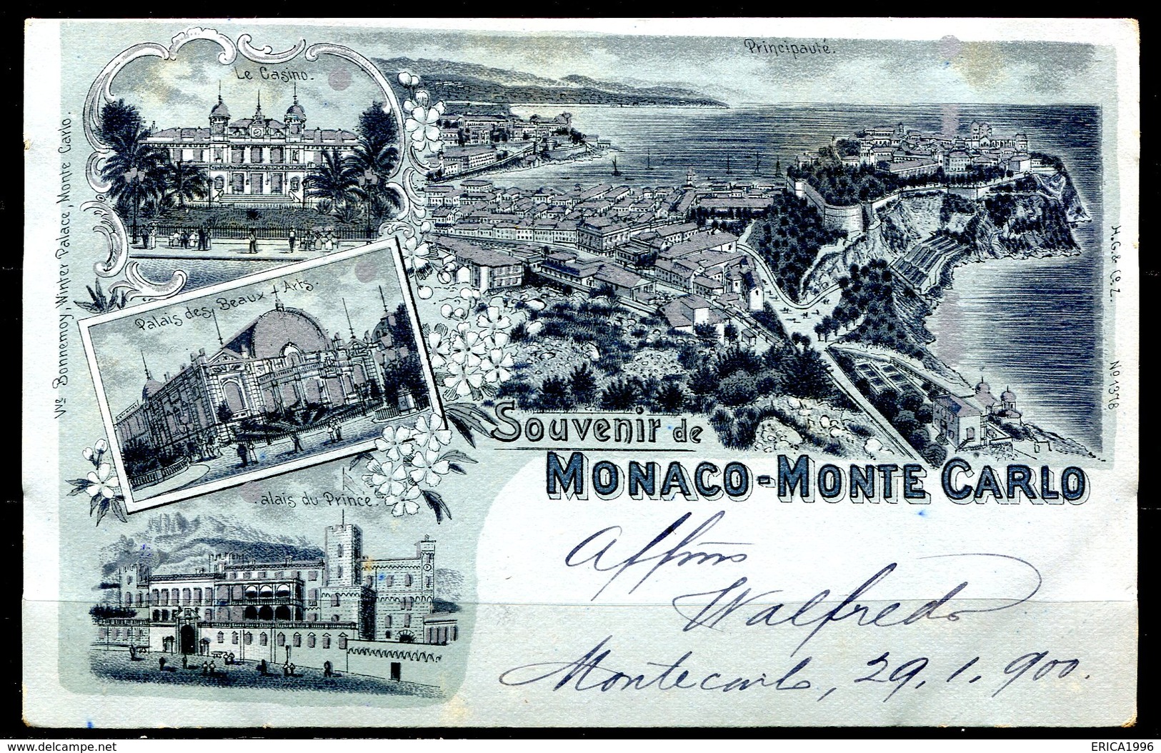 CARTOLINA CV2305 MONACO MONTECARLO Souvenir De… Tipo Gruss Aus, 1900 Viaggiata Per L'Italia, Formato Piccolo, Francoboll - Monte-Carlo