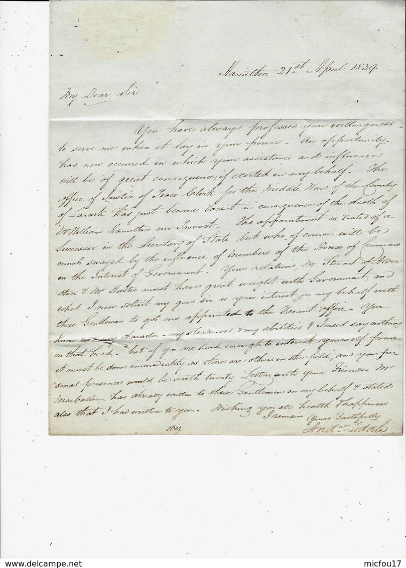 1839 - Letter From HAMILTON ( Scotland ) To Boulogne Sur Mer  - Last Year Of The 1 / 2 Penny - ...-1840 Voorlopers