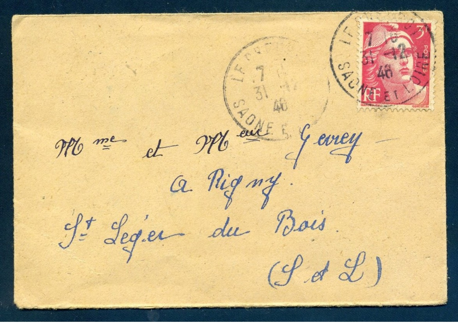 Dernier Jour Du Tarif 31 12 1946 Le Creusot Saône Et Loire 716 Gandon Seul 3F Mignonnette 11.1 X 7.6 Voyagé Fermée - Tarifs Postaux