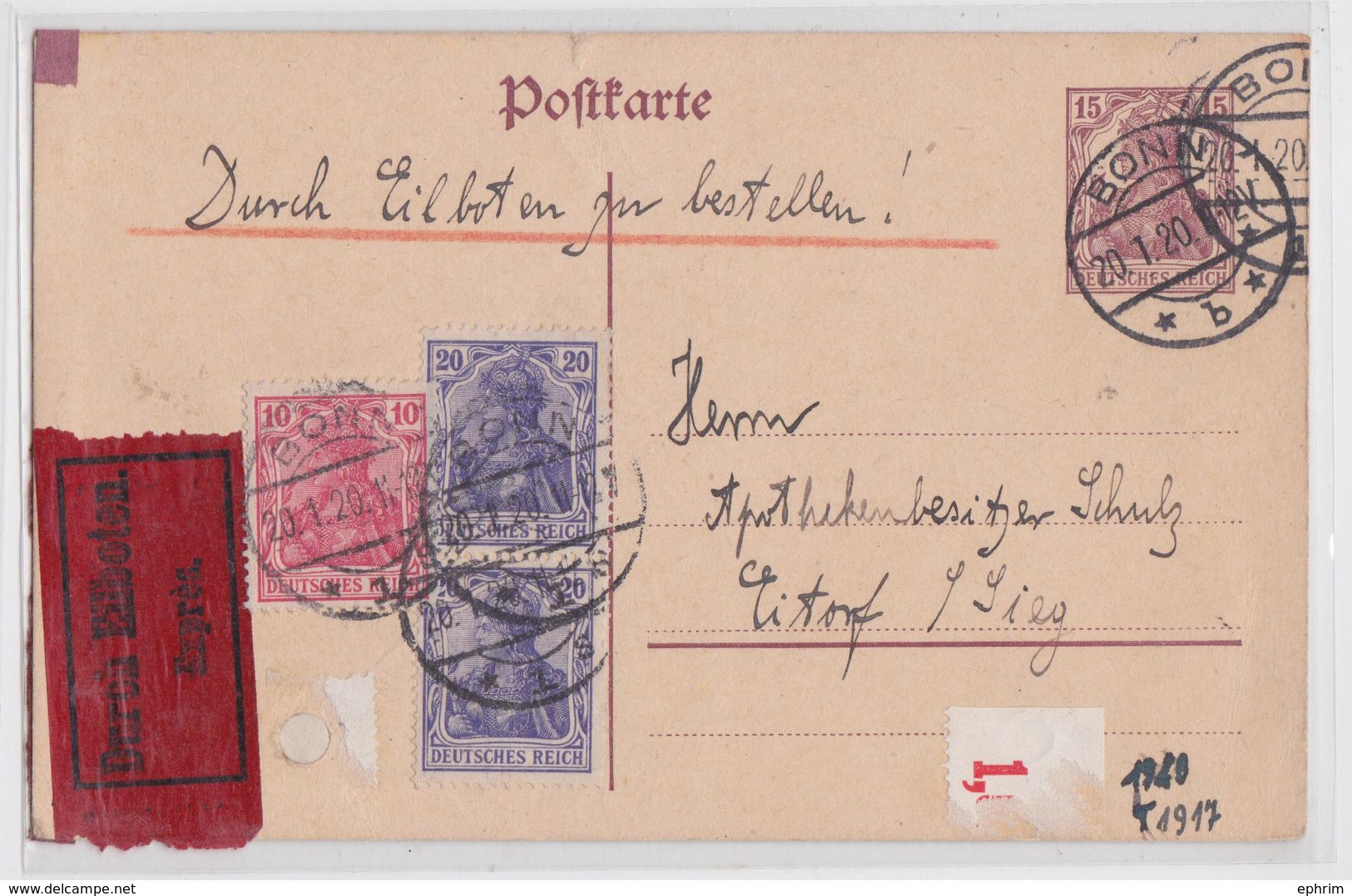 BONN POSTKARTE FÜR EITORF DURCH EILBOTEN VIGNETTE EXPRES EXPRESS LABEL CARTE POSTALE ENTIER POSTAL - Lettres & Documents