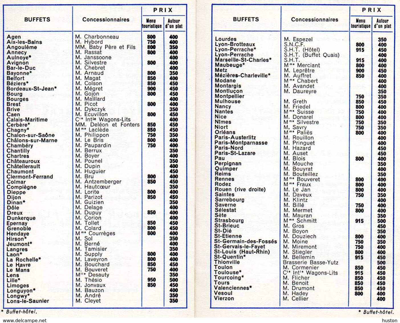 1955 - LES BUFFETS DE GARE - Menu Touristique - Tarifs Buffet - Transport