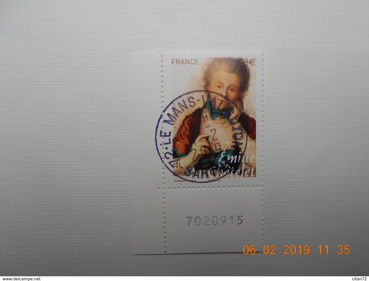 FRANCE 2019   EMILIE DU CHATELET ( 1706-17449)  Beau Cachet Rond Sur Timbre  Neuf   Numéroté - Oblitérés