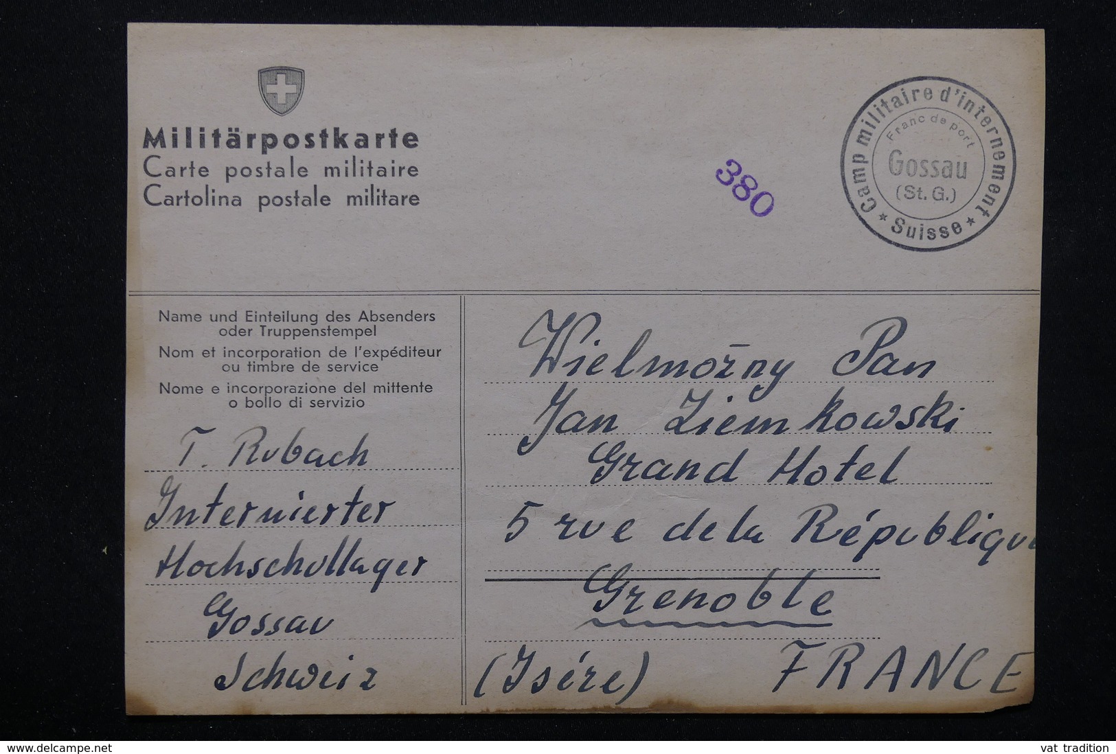 FRANCE / SUISSE - Carte En FM Du Camp D' Internés De Gossau ( Suisse ) Pour Grenoble En 1941 - L 22246 - Guerre De 1939-45