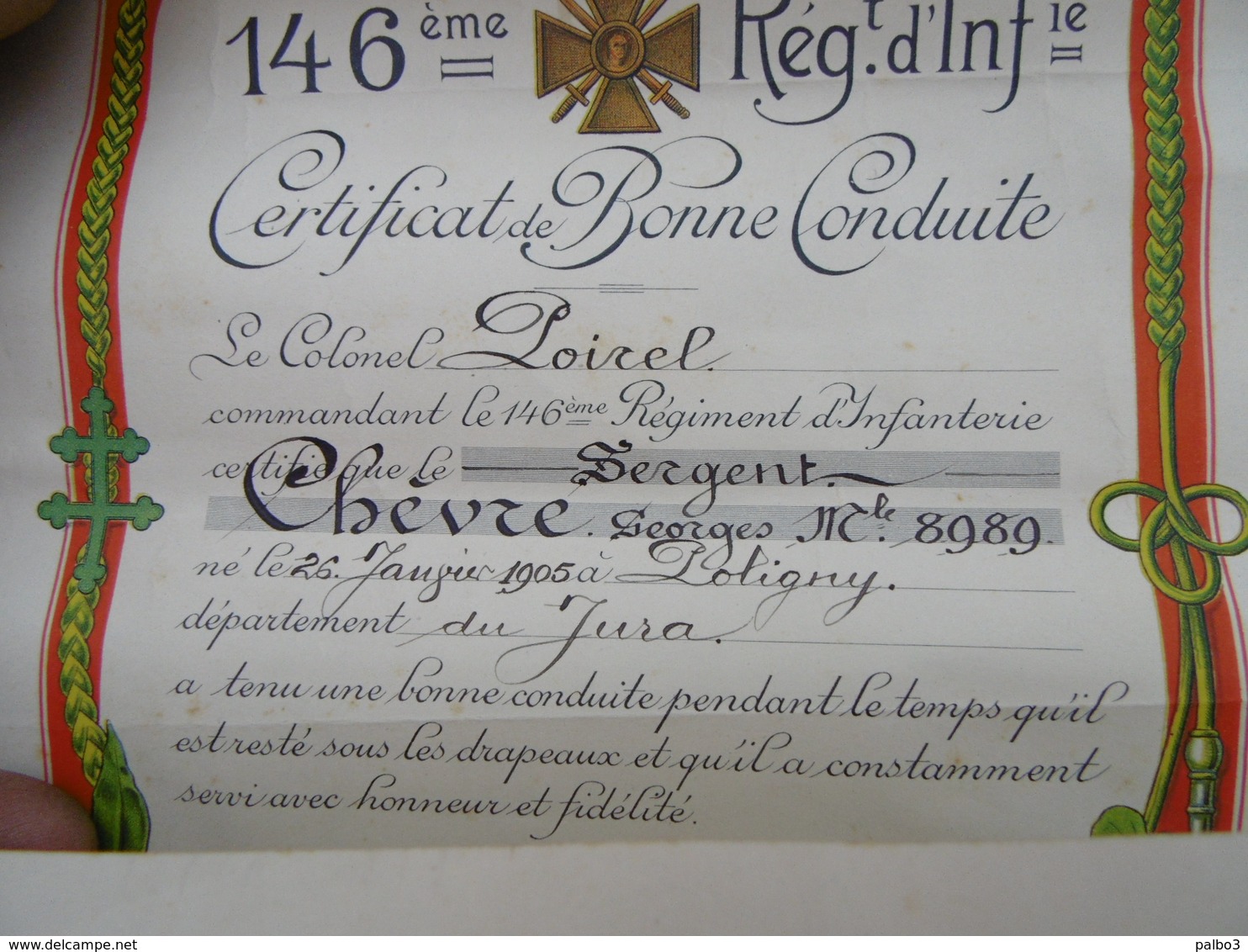 Certificat De Bonne Conduite 146 Eme Regiment Infanterie Saint Avold - 1914-18