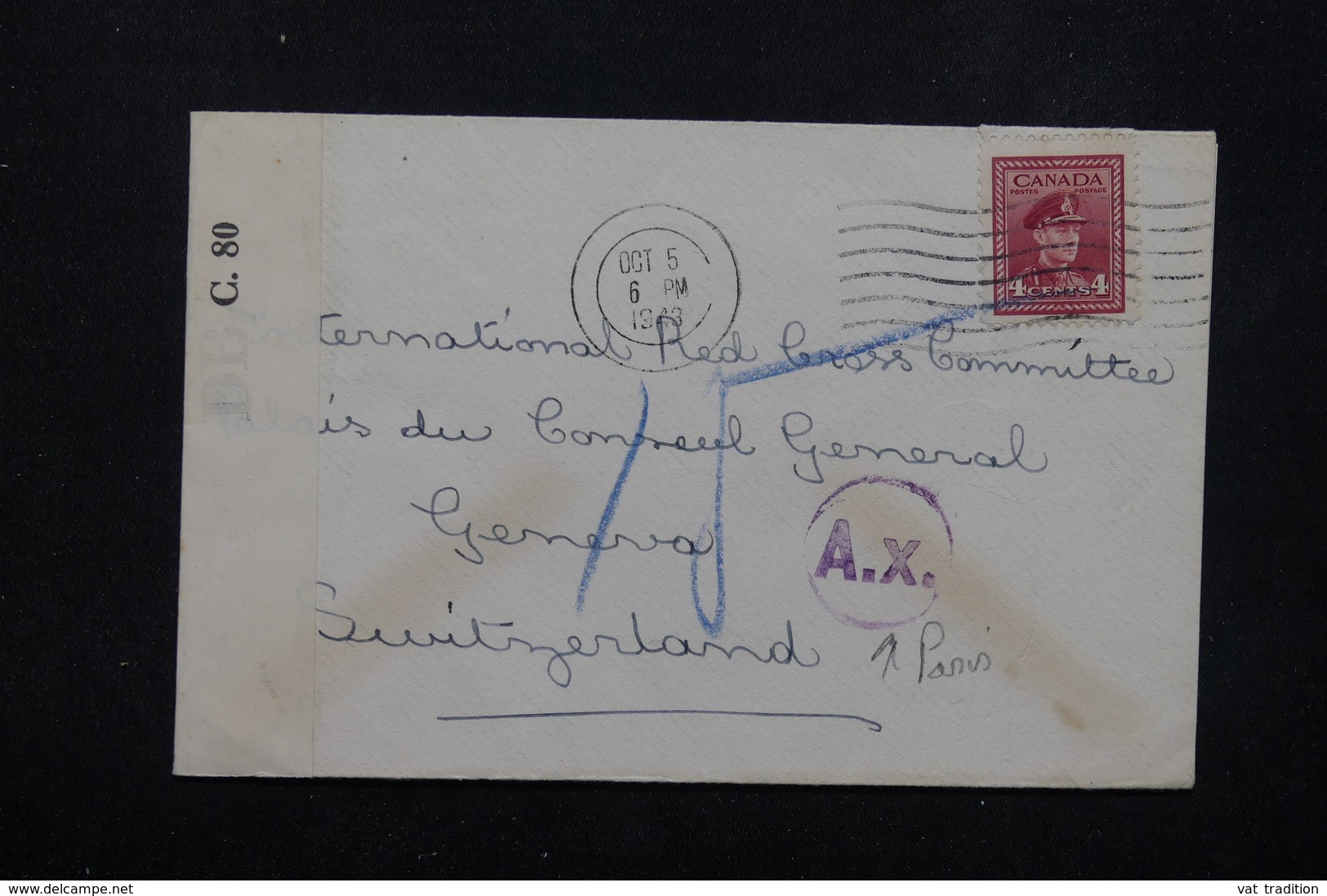 CANADA - Enveloppe Pour La Croix Rouge De Genève En 1943 , Contrôle Postal , Dateur Sans Lieu De Départ - L 22251 - Covers & Documents