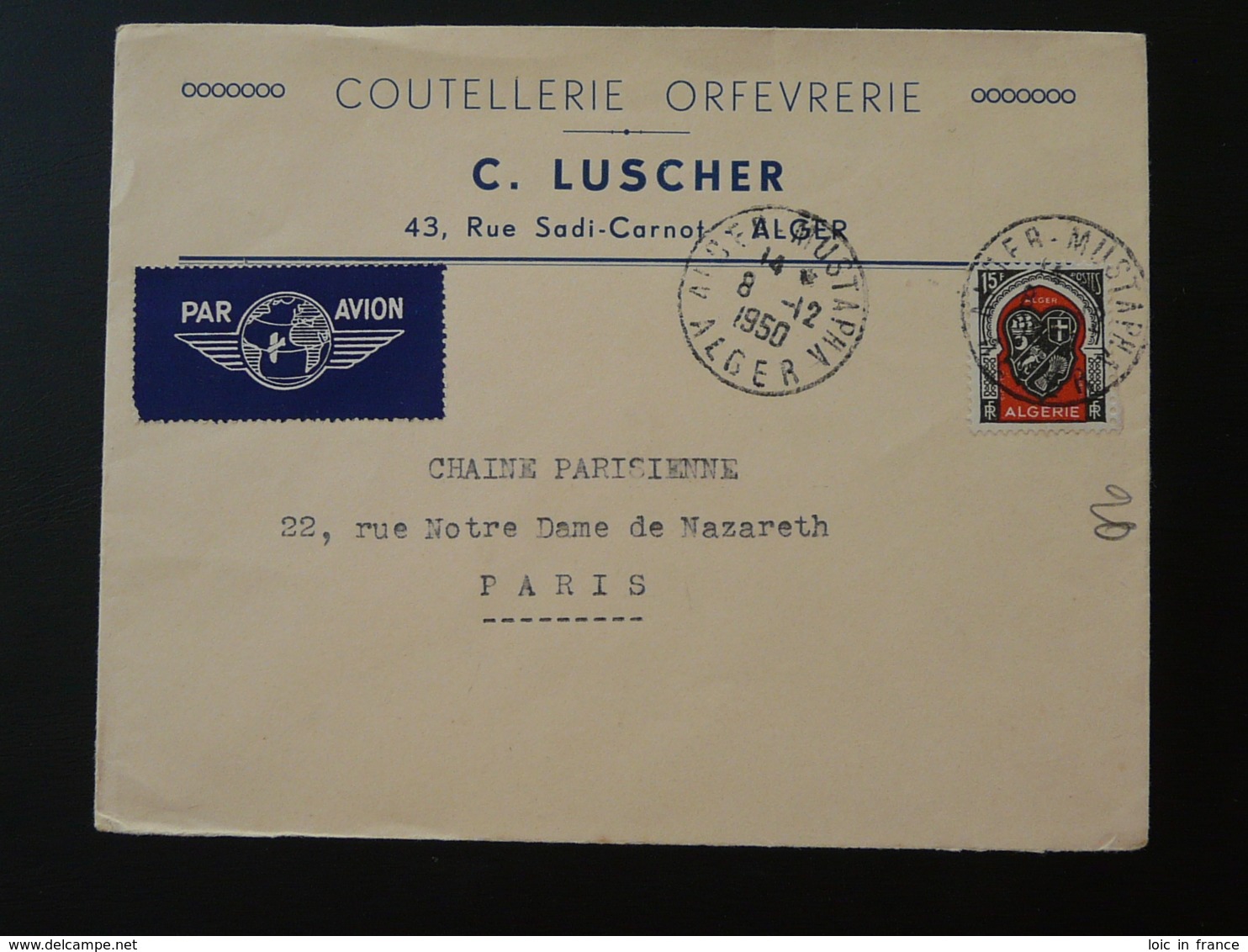 Lettre Par Avion Coutellerie Orfevrerie Oblit. Alger Mustapha Algérie 1950 - Lettres & Documents