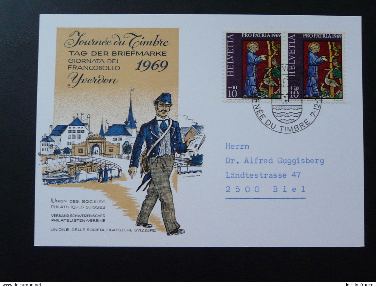 Carte Commemorative Card Pro Patria Journée Du Timbre Tag Der Briefmarke Yverdon Suisse 1969 - Storia Postale