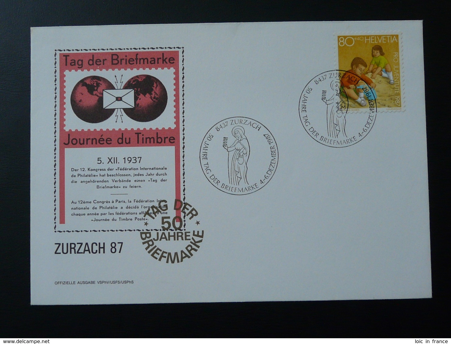 Lettre FDC Pro Juventute Journée Du Timbre Tag Der Briefmarke Zurzach Suisse 1987 - Lettres & Documents