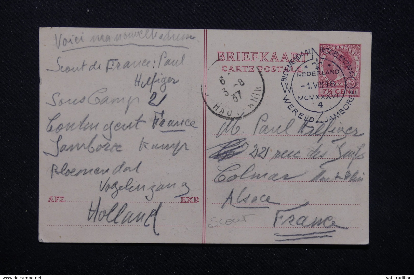 PAYS BAS - Oblitération Temporaire Scoutisme De Vogelenzang En 1937 Sur Entier Postal Pour La France - L 22258 - Lettres & Documents
