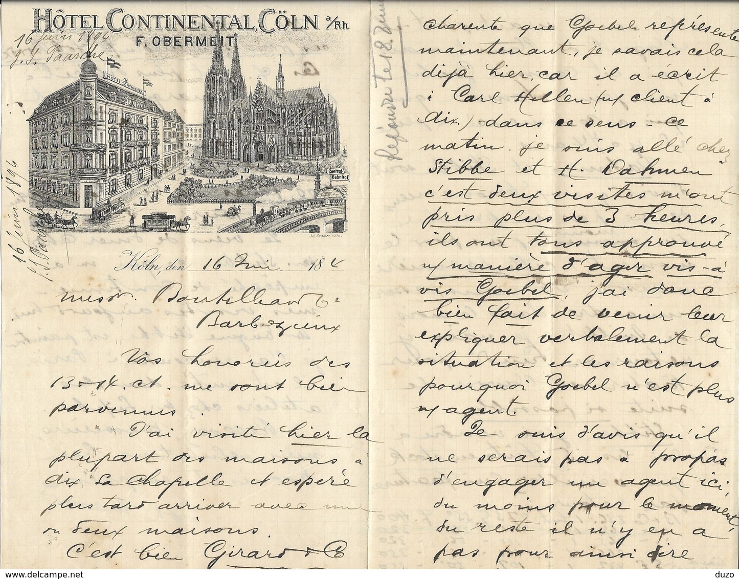 Allemagne - Lettre Avec Entête - Grosse Correspondance 16 Juin 1894 - Hôtel Continental,Cöln - F.Obermeit - Köln - Sports & Tourisme