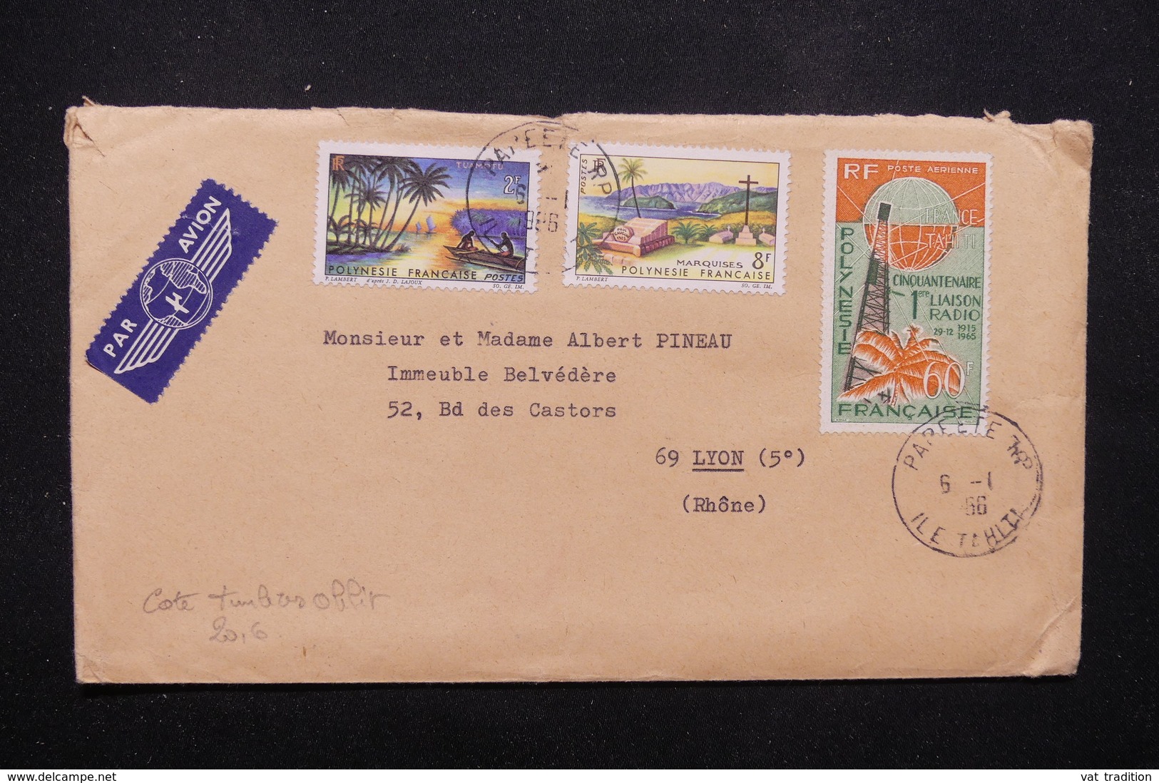 POLYNÉSIE - Affranchissement Plaisant De Papeete Sur Enveloppe Par Avion Pour Lyon En 1966 - L 22268 - Lettres & Documents