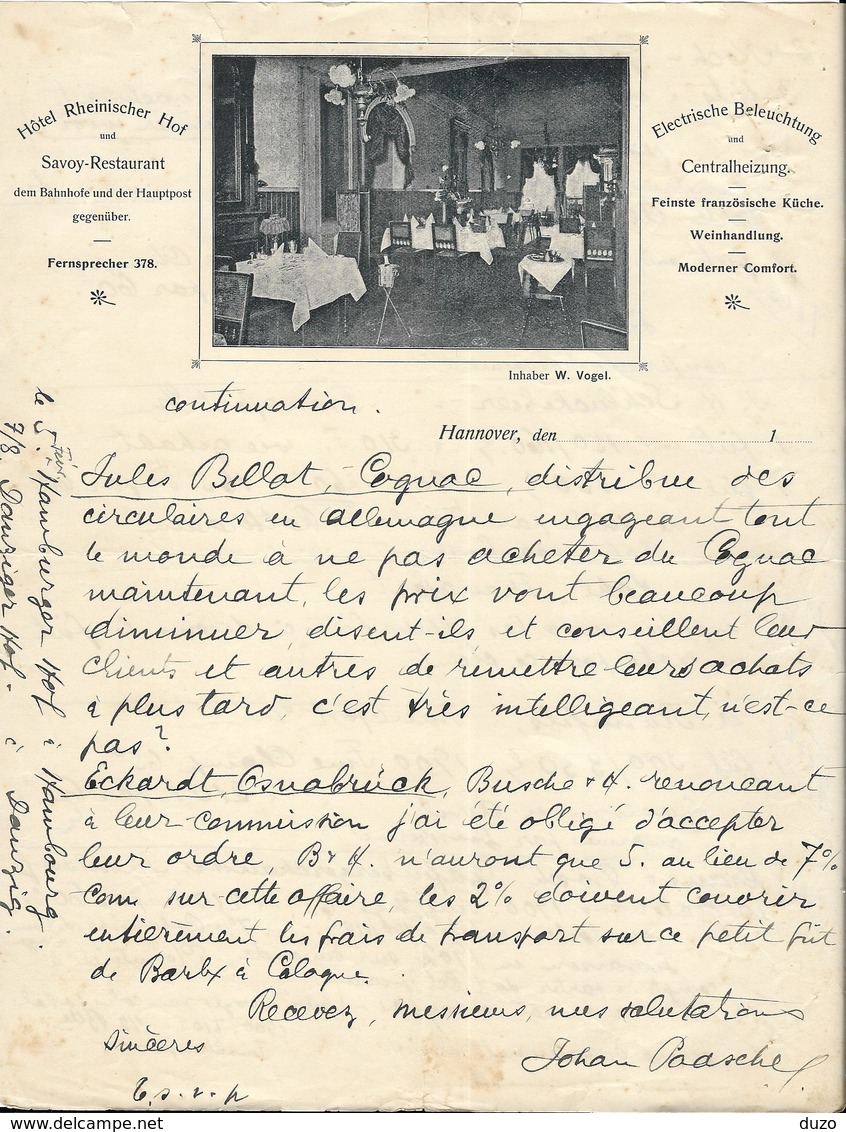 Allemagne - Lettre Avec Entête - Hôtel Rheinischer Hof -Savoy Restaurant - Hannover Pour Barbezieux (France) - Sports & Tourisme