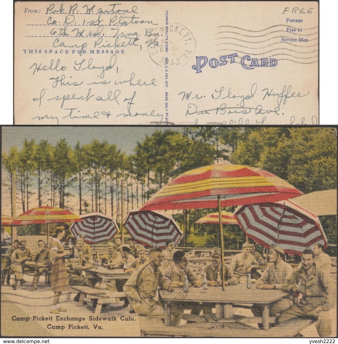 États-Unis 1943. Carte De Franchise Militaire. Soldats Buvant à La Bouteille, Parasols. Fort Pickett - Autres & Non Classés