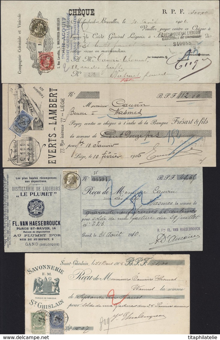 Belgique 4 Traites Avec Timbres Poste Pour Fiscal YT 1 : 74 + 75 / 2 : 60 / 3 : 75 / 4 : 56 + 60 Pub Coloniale Vinicole - Stamps