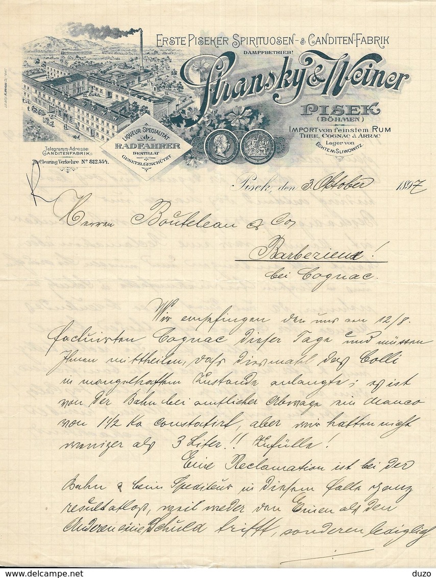 République Tchèque - Pisek ( Böhmen) - Entête Du 3 Octobre 1897 - Stransky & Weiner - Liqueur Import Rhum Thee Cognac - Autres & Non Classés