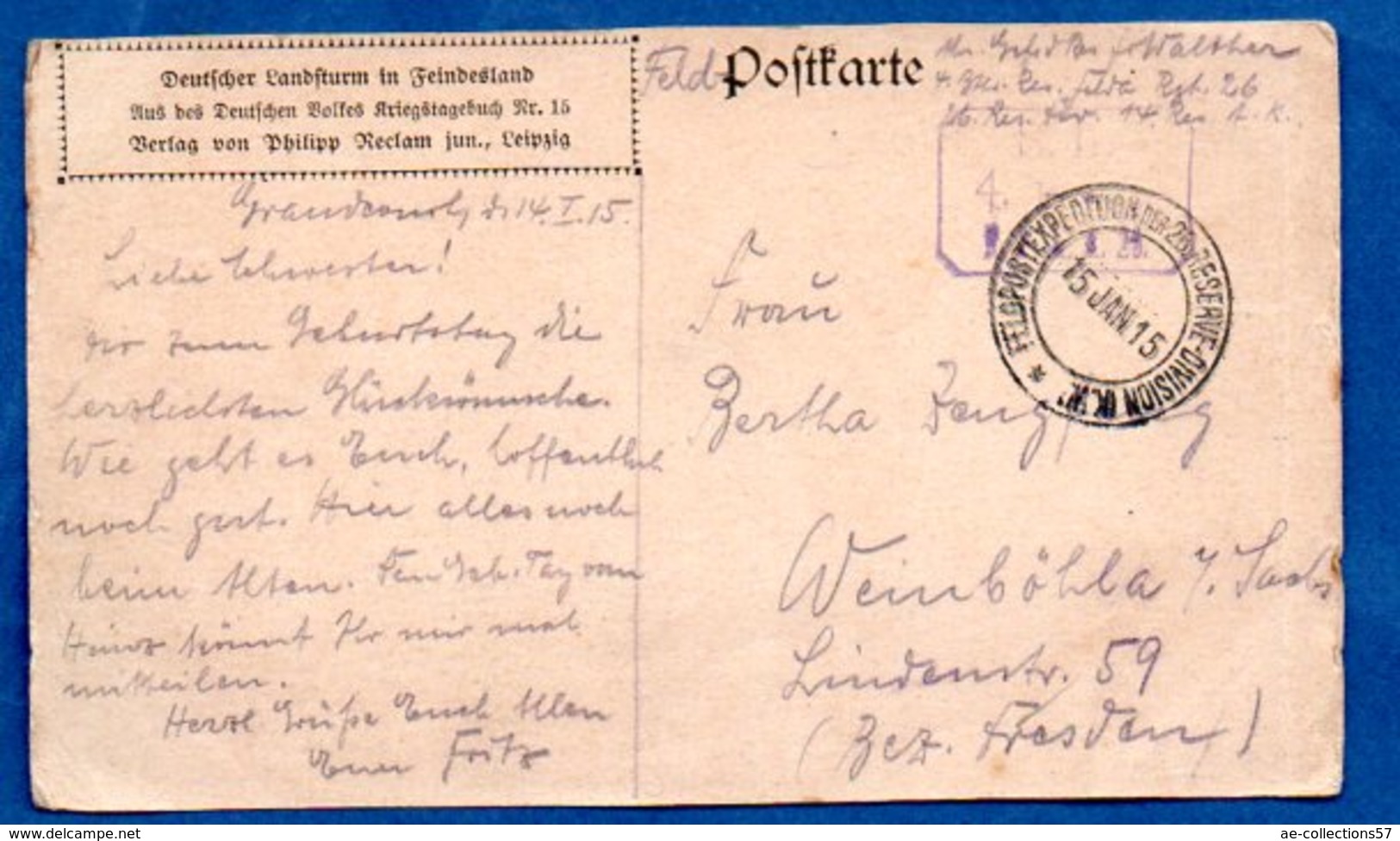 Landsturm  -  Soldat  -  Cachet 26 Res Div  --  15janv 1915 - War 1914-18