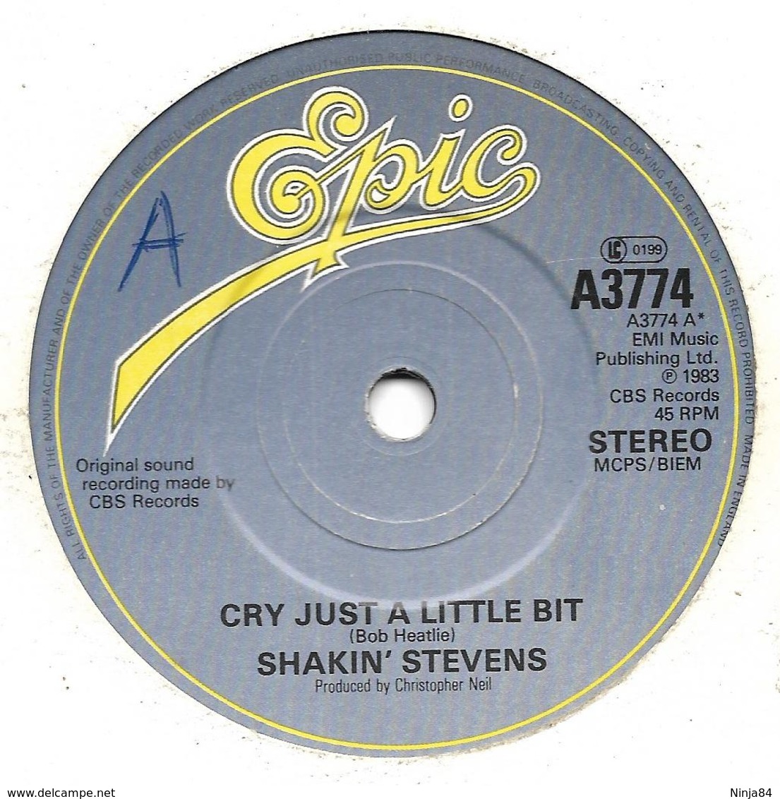 SP 45 RPM (7")   Shakin' Stevens  "  Cry Just A Little Bit  "  Angleterre - Rock