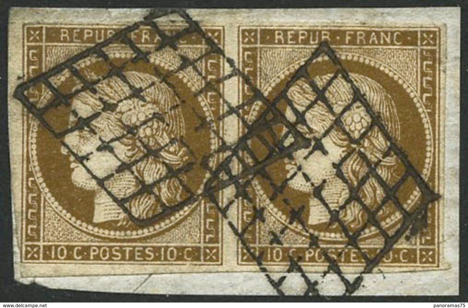 Oblit./fragment N°1a 10c Bistre-brun, Paire S/fragment Filets Intacts - TB - 1849-1850 Cérès