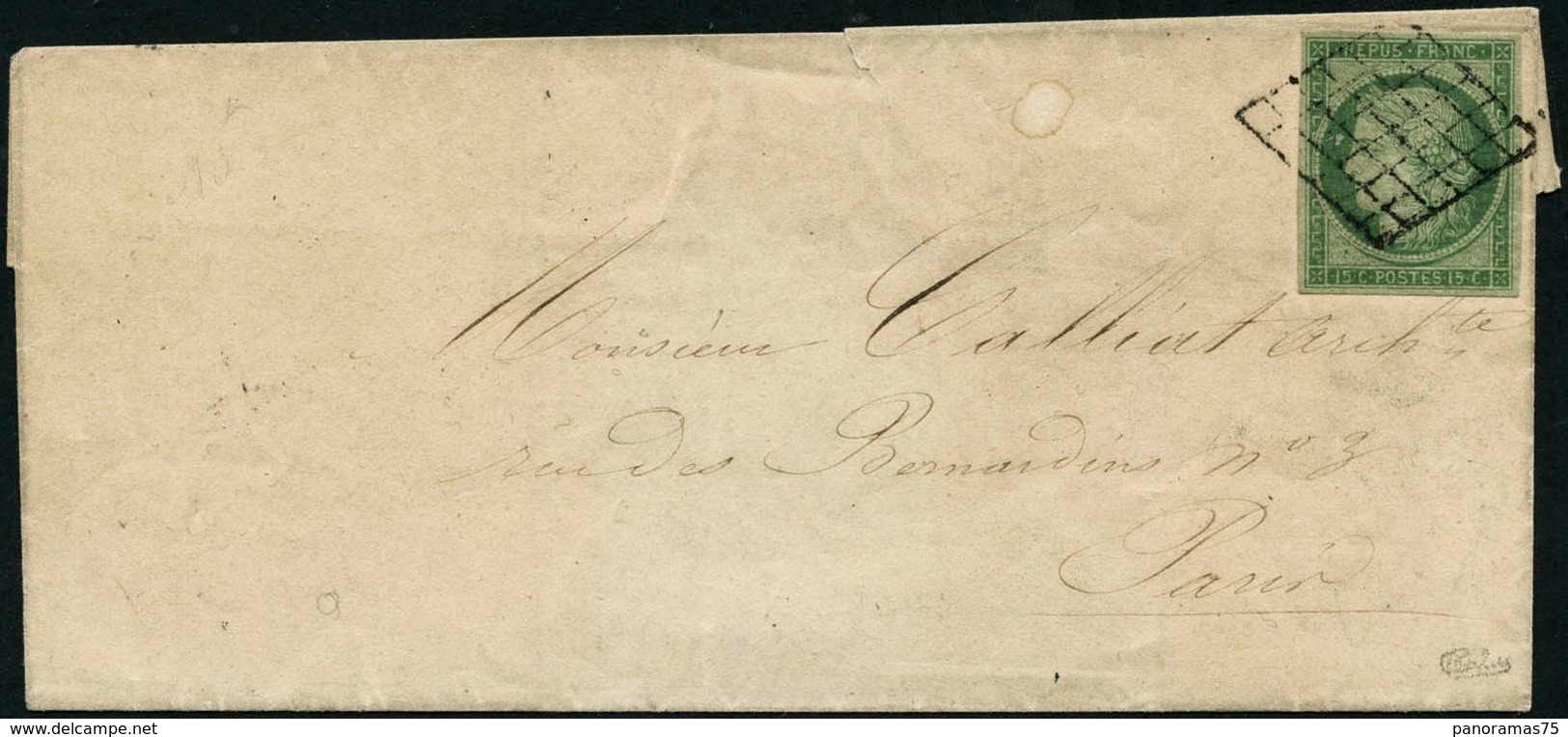 Lettre N°2 15c Vert Obl Grille, Petite Fente En Haut Signé Calves - TB - 1849-1850 Cérès