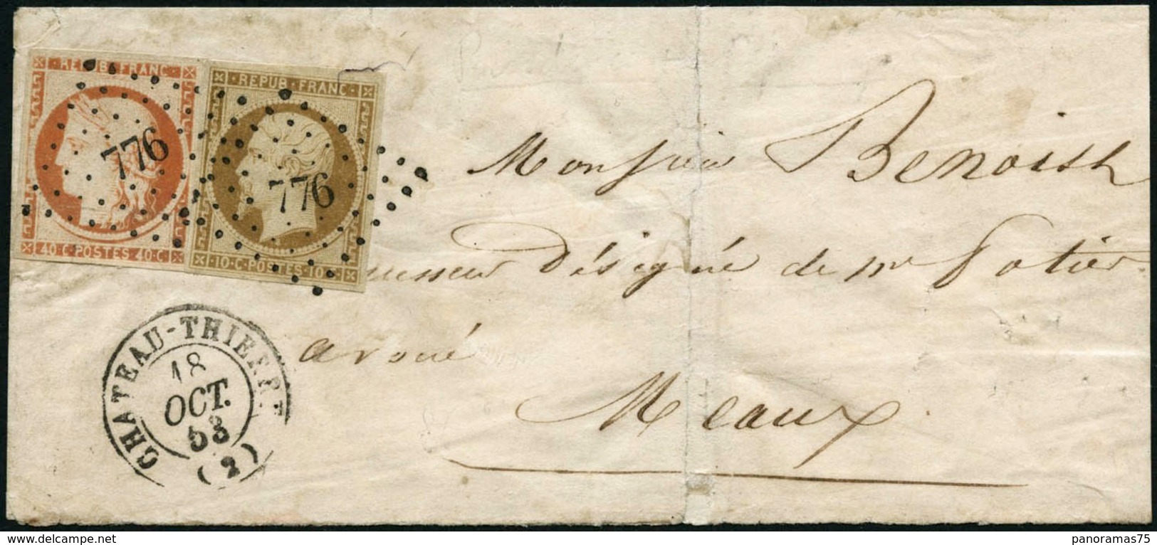 Lettre N°5 + 9 Jolie Combinaison à 50c Obl PC 776 (18/10/53) Cachet D'arrivée Au Verso - TB - 1849-1850 Cérès