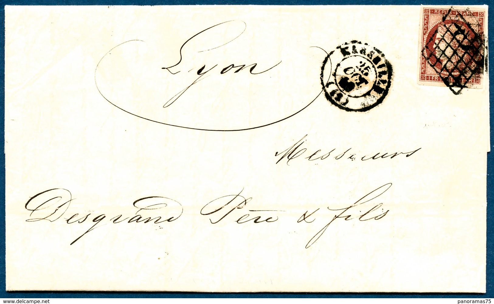 Lettre N°6 1F Carmin S/lettre, Obl Grille S/lettre - TB - 1849-1850 Ceres