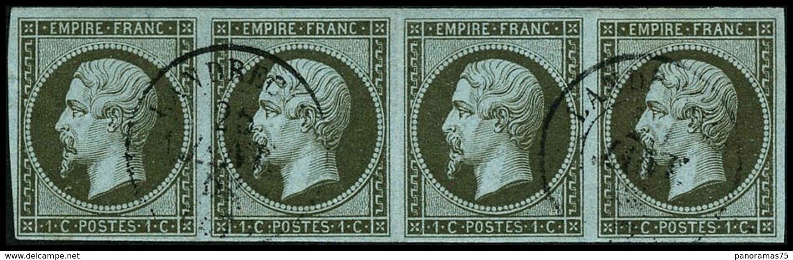 Oblit. N°11 1c Olive, Bande De 4 Obl Càd - TB - 1853-1860 Napoléon III
