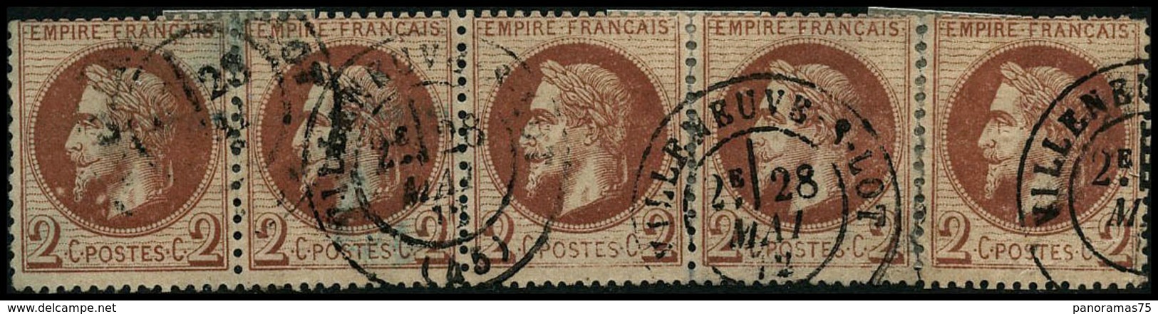 Oblit. N°26b 2c Rouge-brun, Bande De 4 + 1 Boule Blanche Sous Le Cou Sur Ex De Gauche - TB - 1863-1870 Napoleon III With Laurels