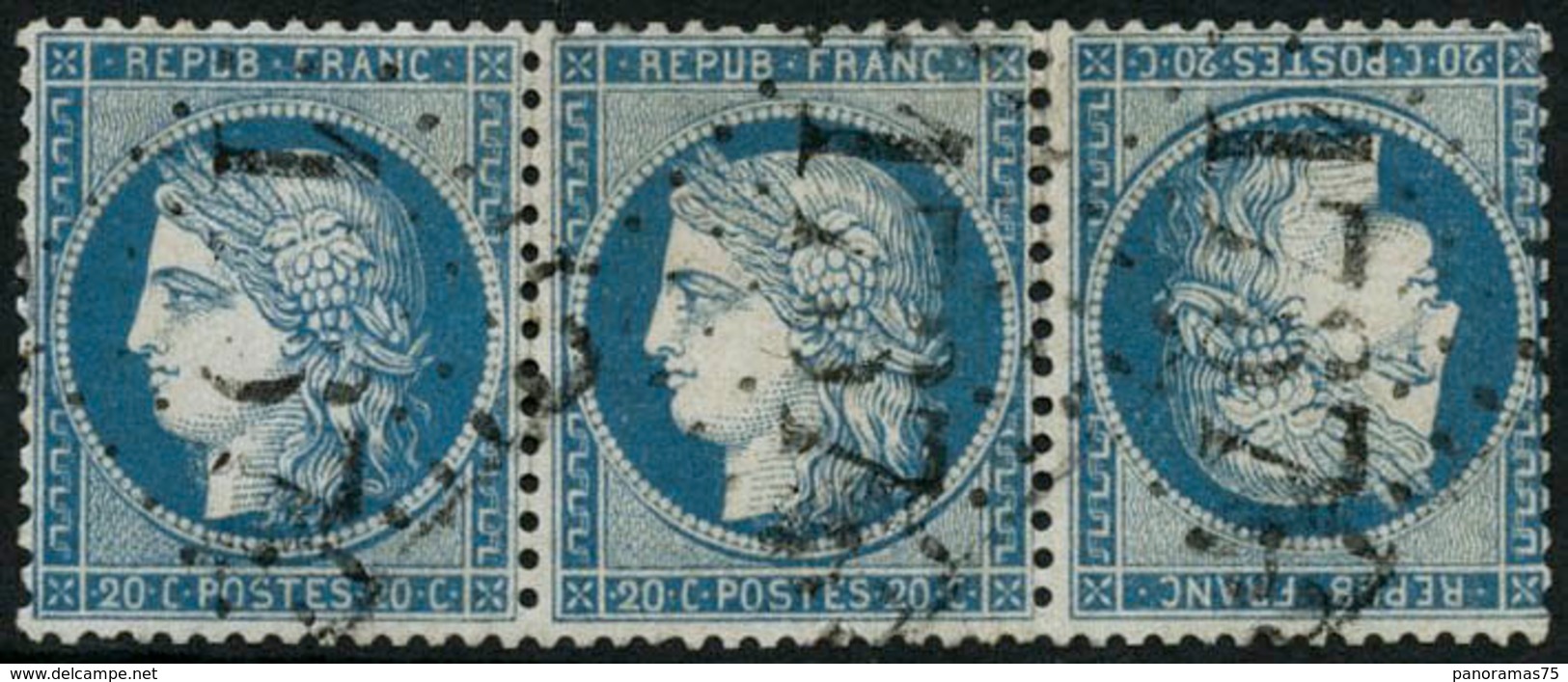 Oblit. N°37c 20c Bleu, Tête-bèche Dans Une Bande De 3, RARE - TB - 1870 Siege Of Paris