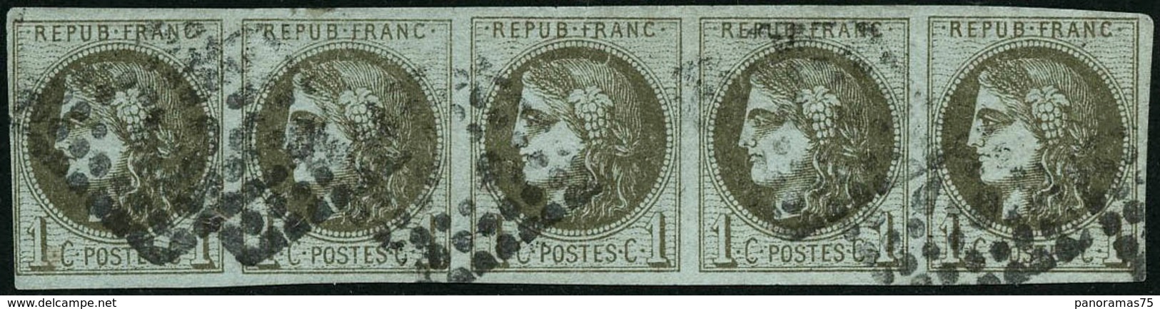 Oblit. N°39C 1c Olive Clair R3, Bande De 5 Pelurage Sur 4ème Timbre - B - 1870 Bordeaux Printing