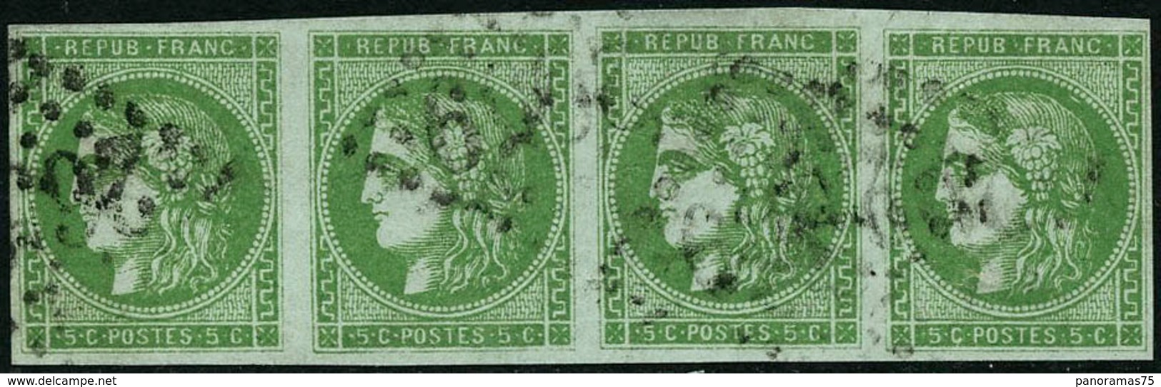 Oblit. N°42B 5c Vert-jaune R2, Bande De 4 - TB - 1870 Uitgave Van Bordeaux
