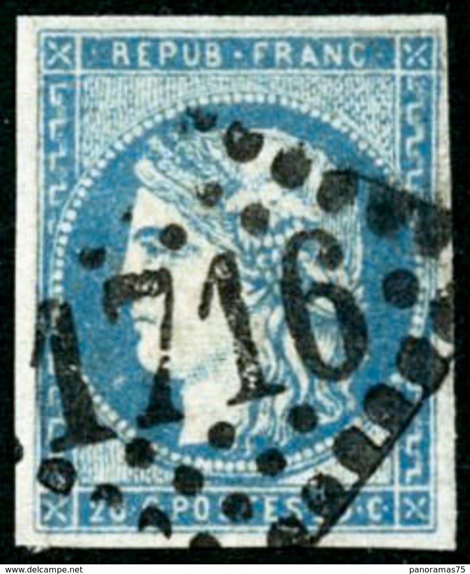 Oblit. N°44A 20c Bleu R1, Type I - B - 1870 Emission De Bordeaux