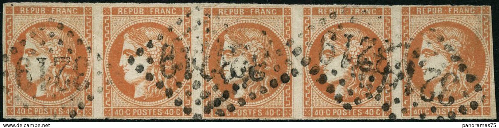 Oblit. N°48 40c Orange, Bande De 5 GC 3219, Marges Parfois Décentrées (5è T Touché) - TB - 1870 Bordeaux Printing