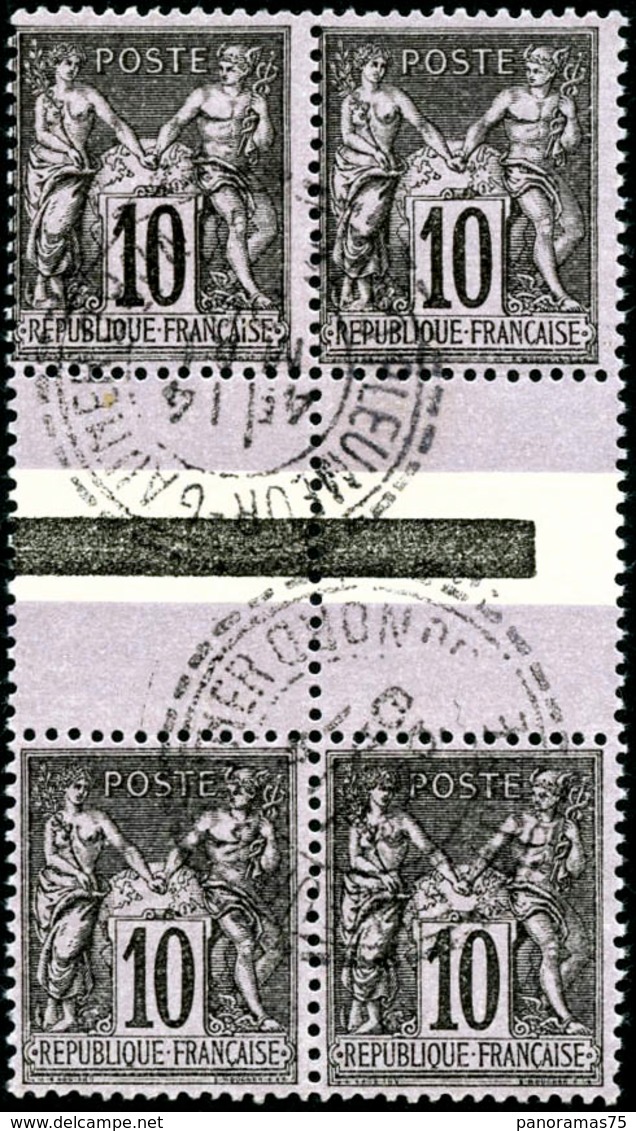 Oblit. N°103b 10c Noir S/lilas, Bloc De 4 Interpanneau Avec Les 2 Types Se Tenant, Pièce De Luxe - TB - 1898-1900 Sage (Tipo III)