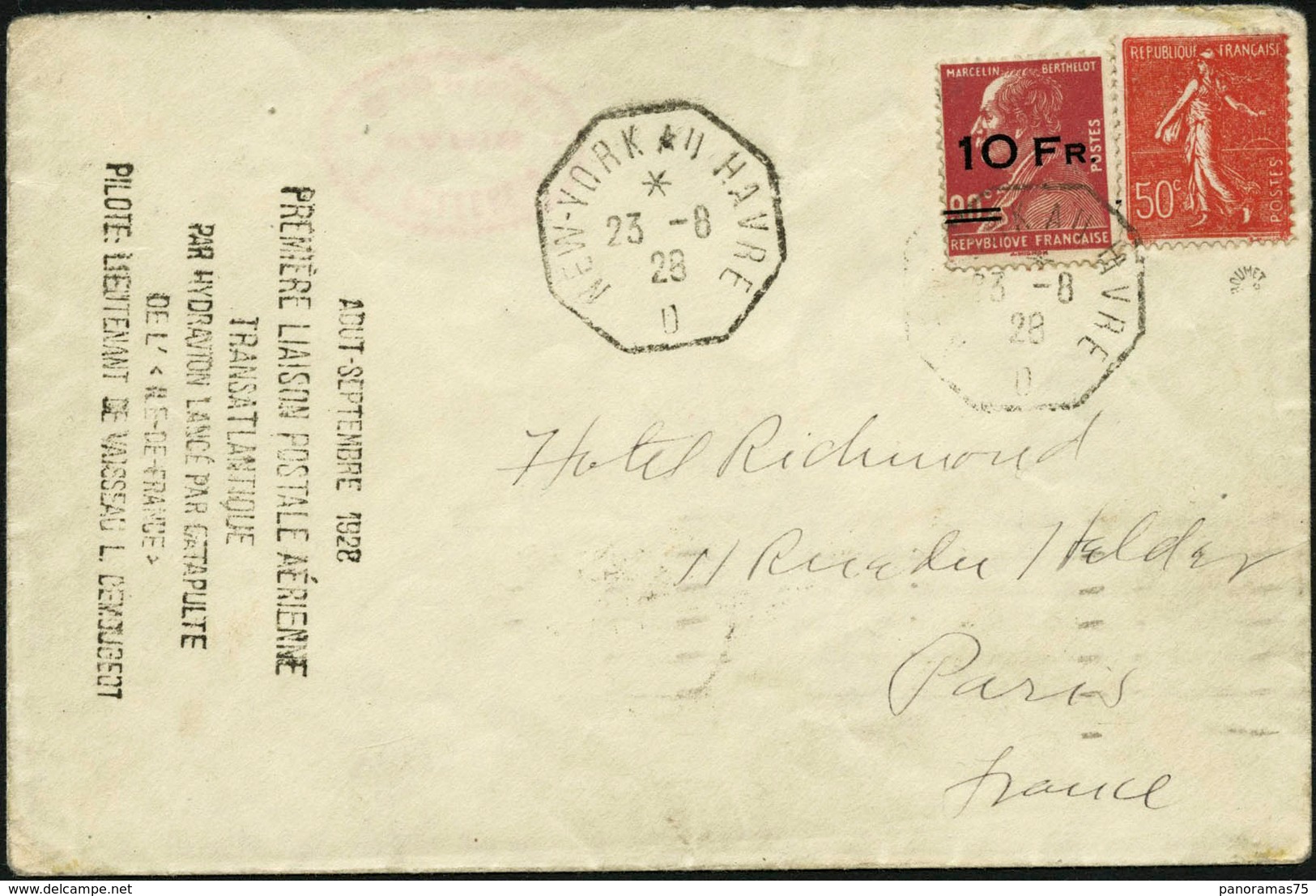 Lettre N°3 10F Sur 90c Rouge S/lettre New-York Au Havre 23/08/28 RARE - TB - Andere & Zonder Classificatie