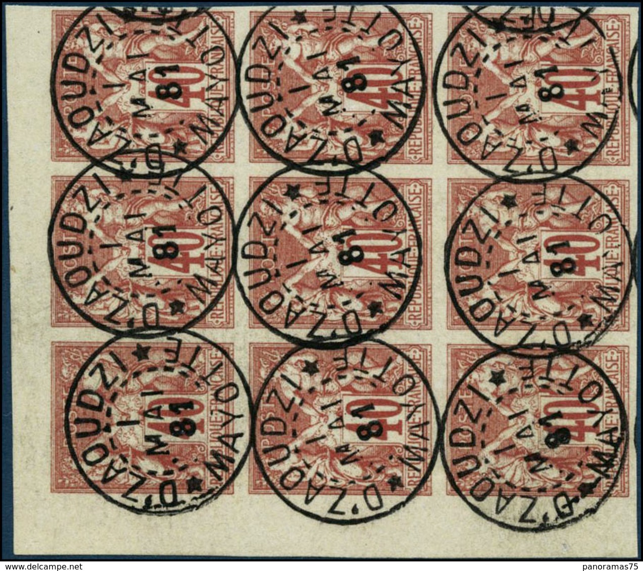 Oblit. N°27 40c Rouge- Orange, Bloc De 9 Obl Dzaoudzi (Mayotte) 1/05/1881 - TB - Altri & Non Classificati