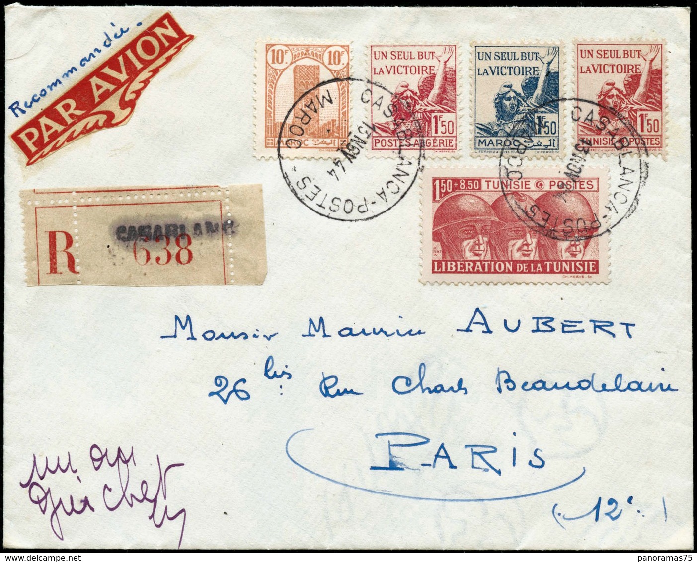 Lettre N°223 Rare Affranchissement Composé (5 Val, 16F) Dont Les 6 "Marseillaise" D'Afrique Du Nor S/LR Par Avion De Cas - Other & Unclassified